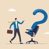 Illustration eines Mannes im Business-Anzug, der mit Aktentasche in der Hand auf einen Bürodrehstuhl zuläuft, auf dem ein großes Fragezeichen platziert ist.