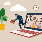 Foto: Vadym - Adobe Stock Illustration: Ein Laptop mit Zoom-Kacheln, ein Mensch läuft aus seiner Kachel aus dem Laptop raus in Richtung einer Pflanze